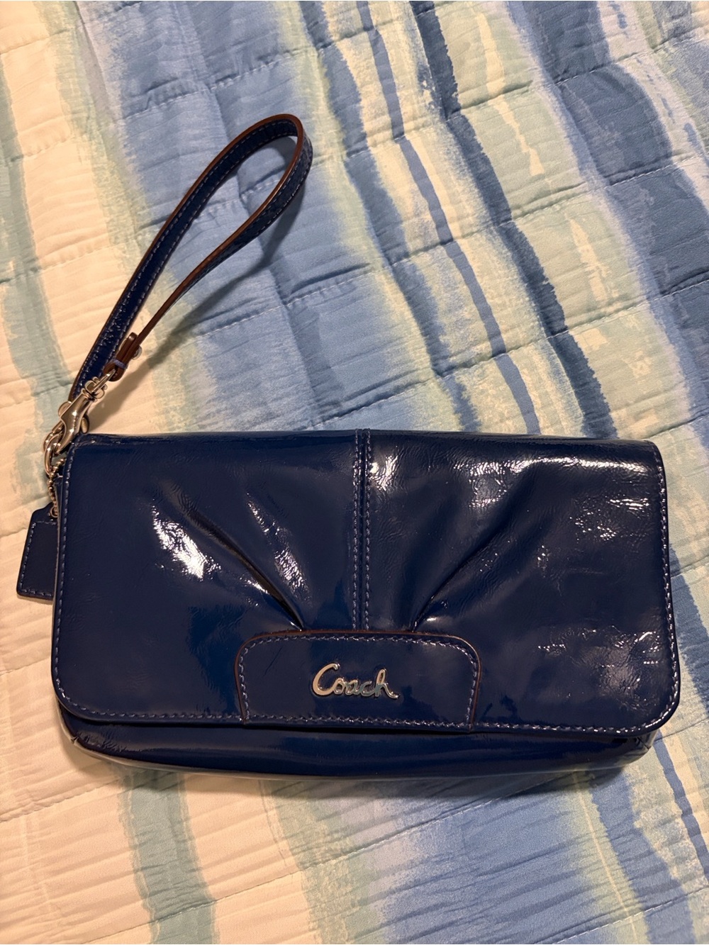 Coach Ashley Navy Patent Leather Large Flap Wristlet Clutch